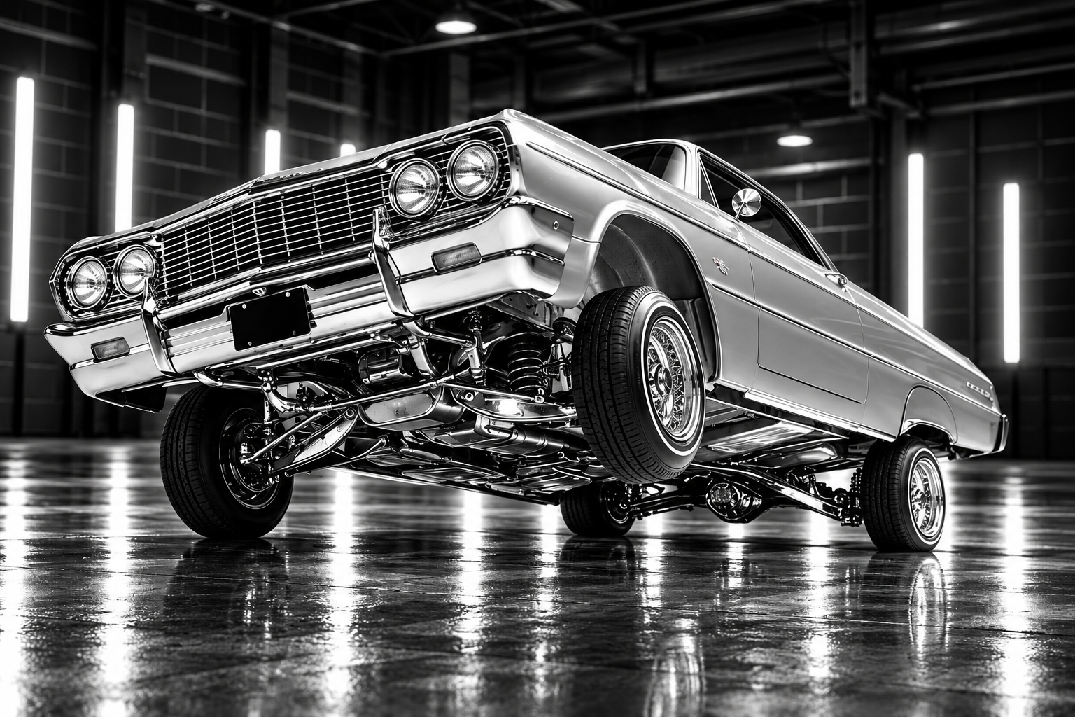 Silver classic lowrider with polished chrome in an automotive workshop
